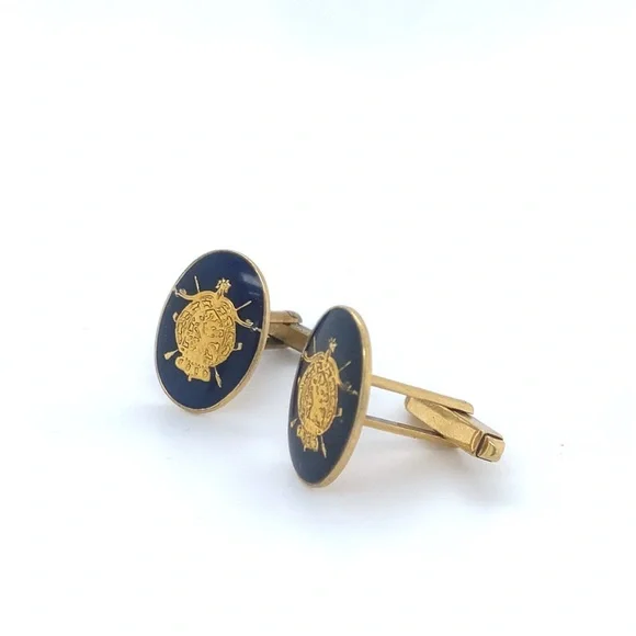 Elegant Gold Emblem Blue Enamel Oval Cufflinks
